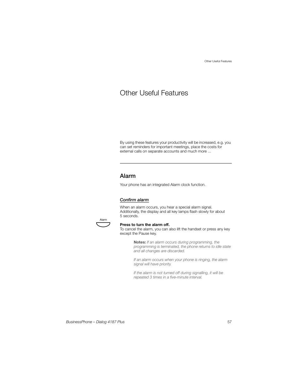 Other useful features, Alarm, Confirm alarm | Section, Ction | AASTRA 4187 Plus for BusinessPhone User Guide EN User Manual | Page 57 / 104