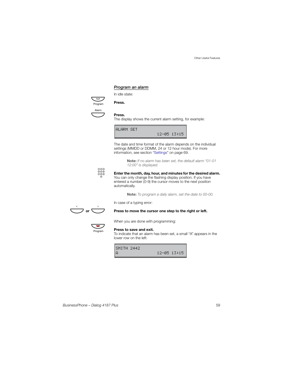 Program an alarm | AASTRA 4187 Plus for BusinessPhone User Guide EN User Manual | Page 59 / 104