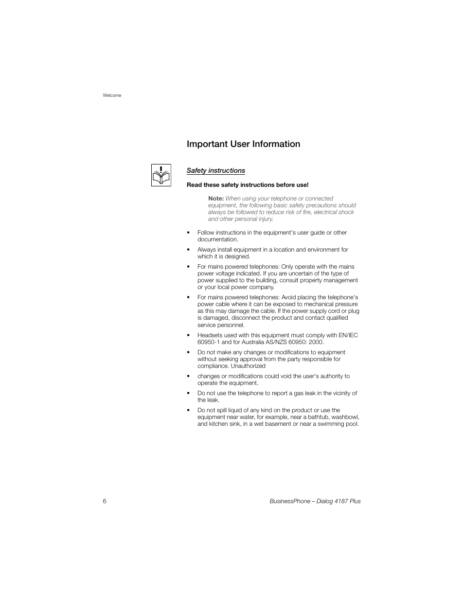 Important user information, Safety instructions | AASTRA 4187 Plus for BusinessPhone User Guide EN User Manual | Page 6 / 104