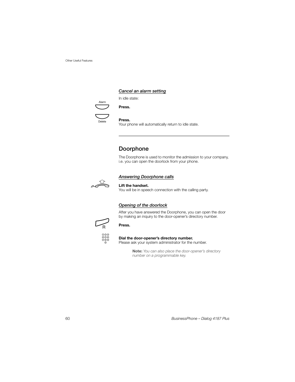 Cancel an alarm setting, Doorphone, Answering doorphone calls | Opening of the doorlock | AASTRA 4187 Plus for BusinessPhone User Guide EN User Manual | Page 60 / 104