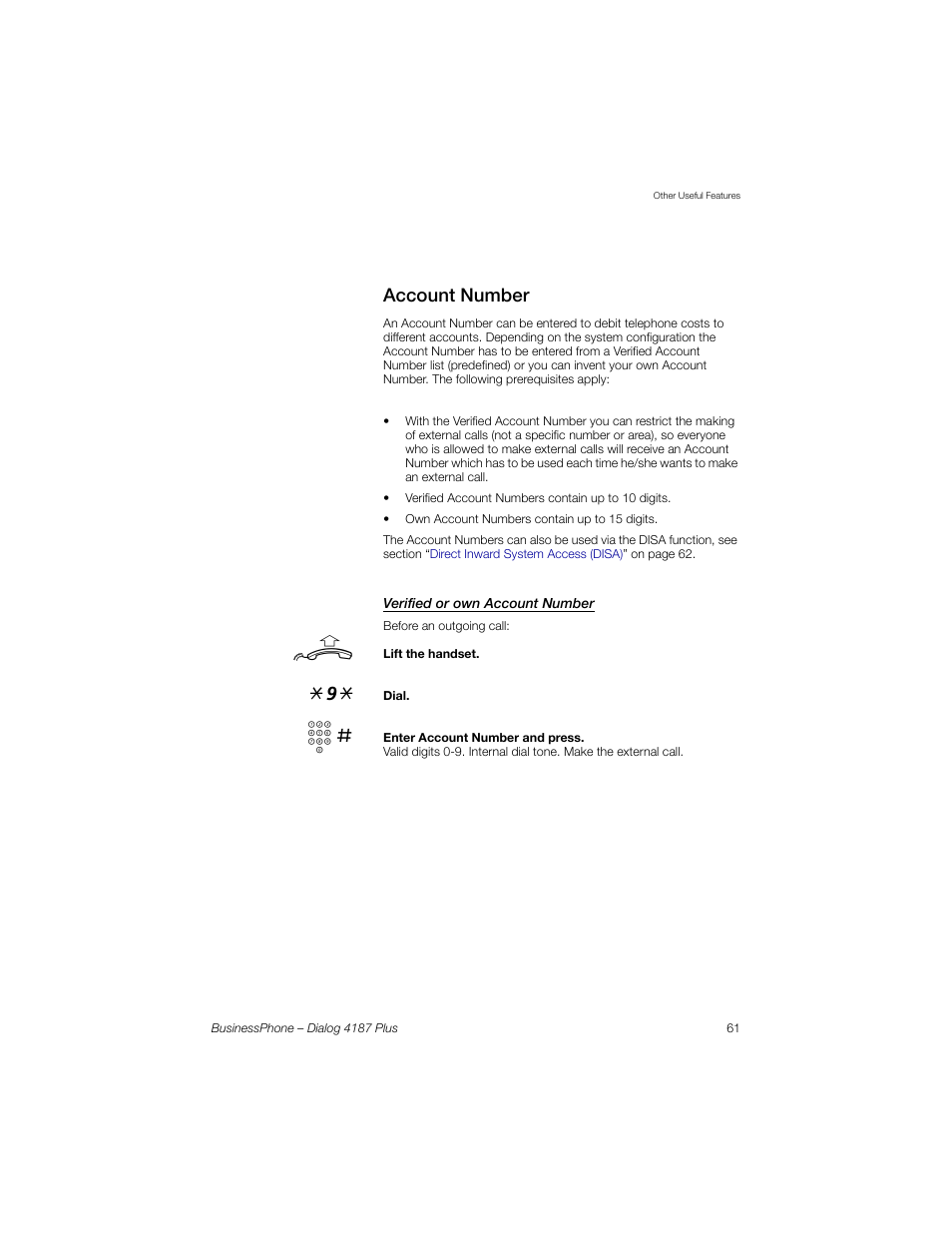 Account number, Verified or own account number | AASTRA 4187 Plus for BusinessPhone User Guide EN User Manual | Page 61 / 104