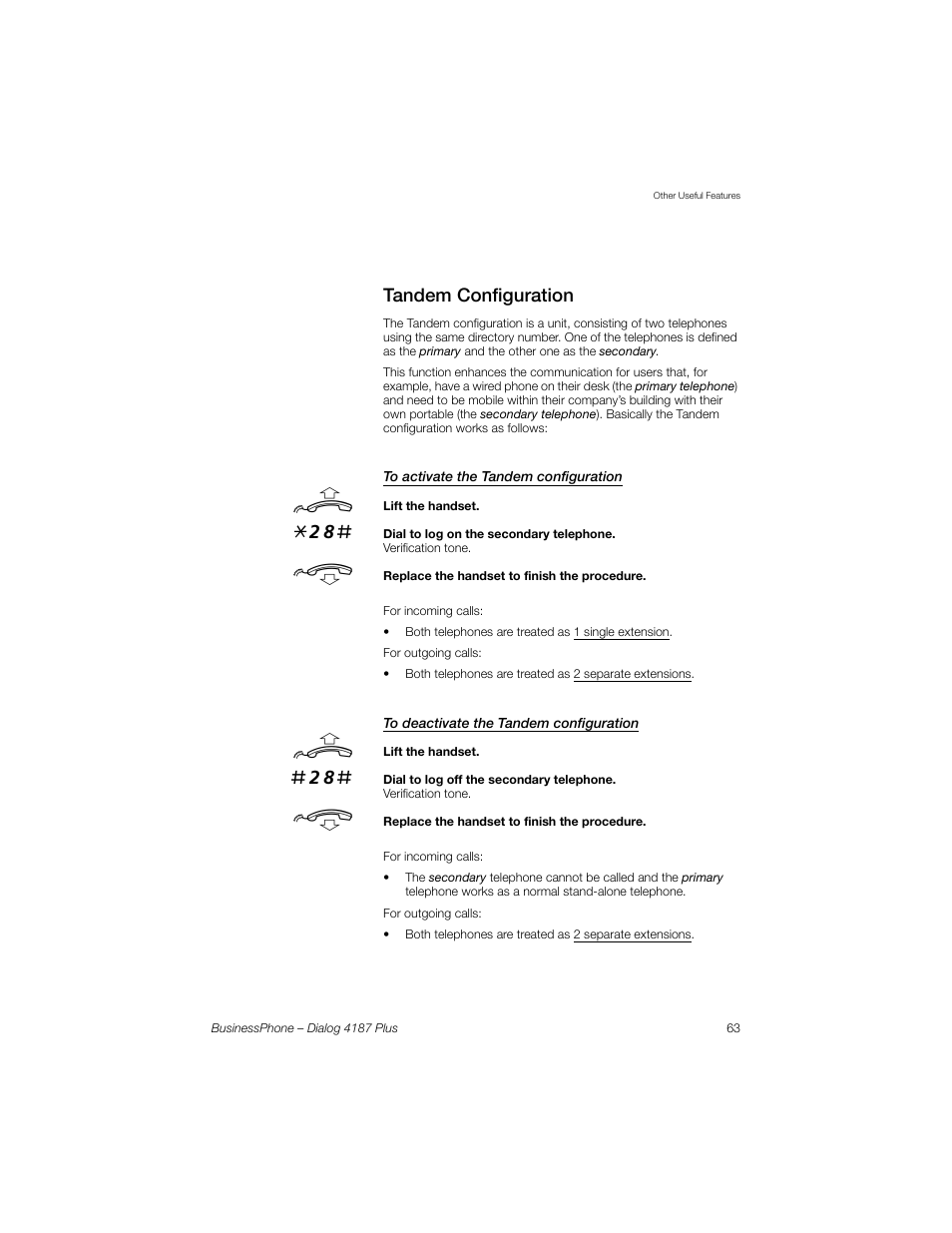 Tandem configuration, To activate the tandem configuration, To deactivate the tandem configuration | AASTRA 4187 Plus for BusinessPhone User Guide EN User Manual | Page 63 / 104