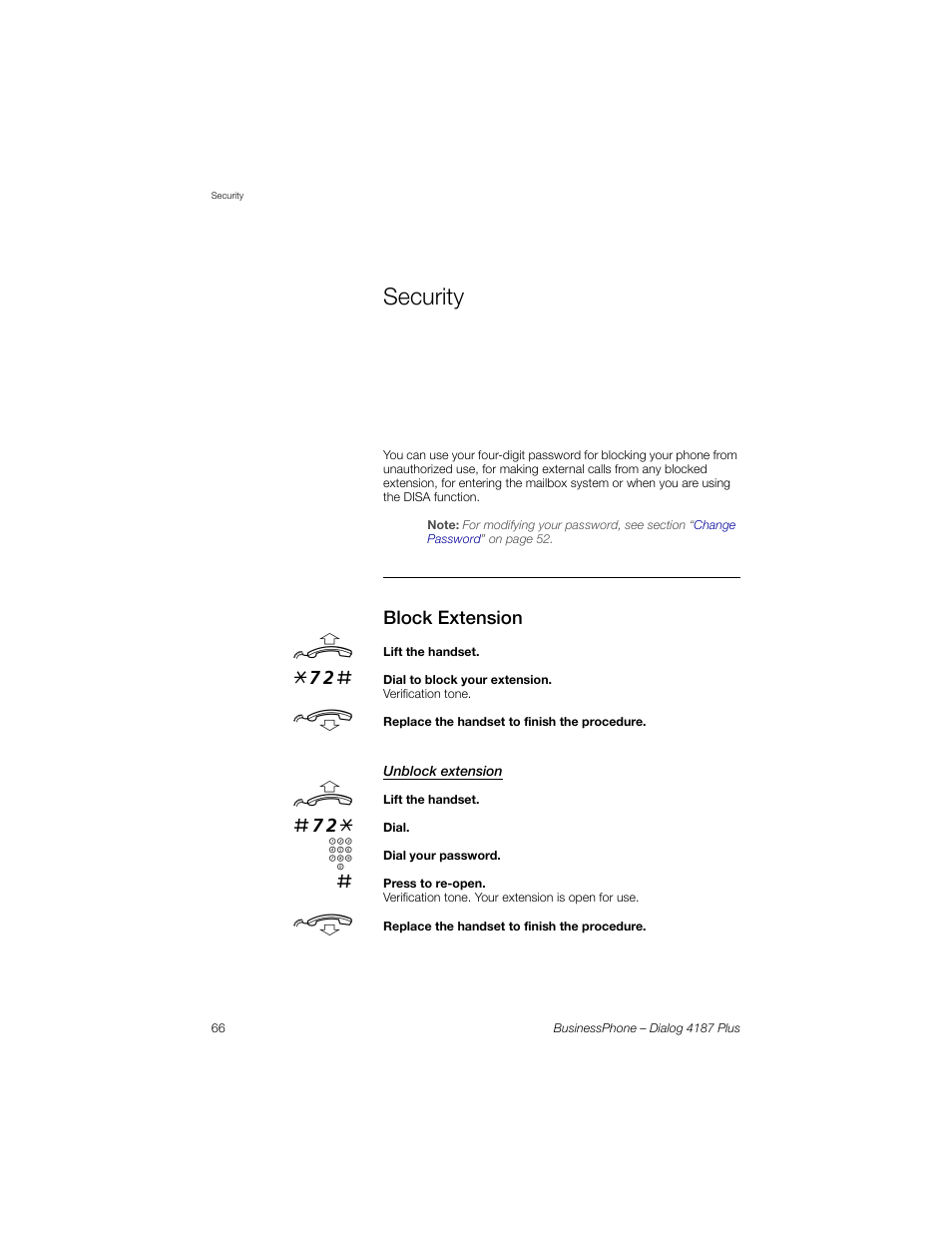 Security, Block extension, Unblock extension | AASTRA 4187 Plus for BusinessPhone User Guide EN User Manual | Page 66 / 104