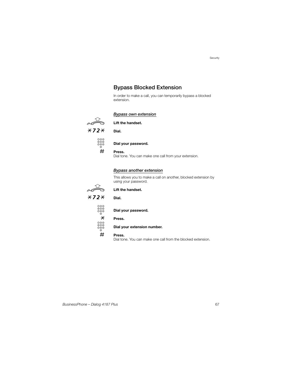 Bypass blocked extension, Bypass own extension, Bypass another extension | AASTRA 4187 Plus for BusinessPhone User Guide EN User Manual | Page 67 / 104