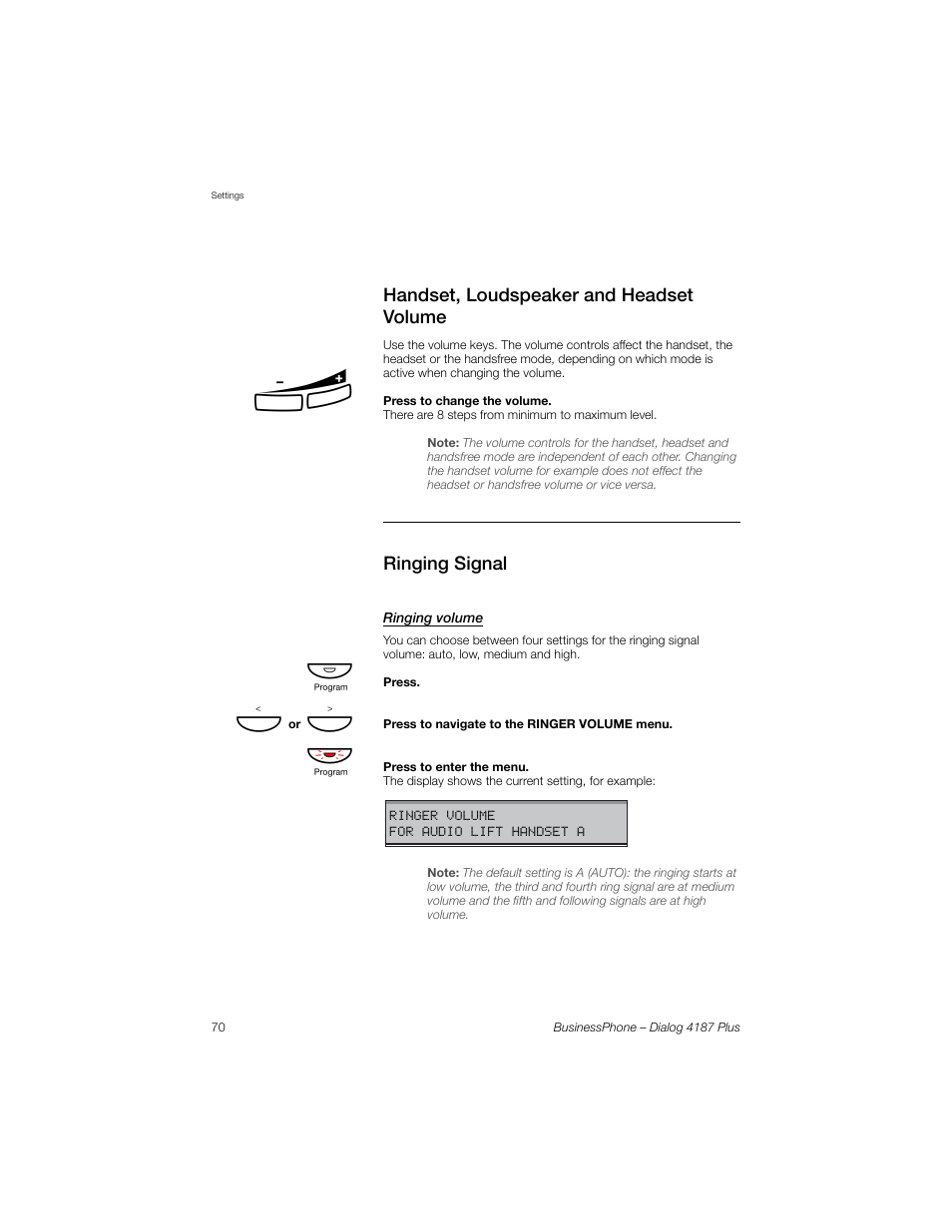 Handset, loudspeaker and headset volume, Ringing signal, Ringing volume | Handset, Loudspeaker and headset volume | AASTRA 4187 Plus for BusinessPhone User Guide EN User Manual | Page 70 / 104