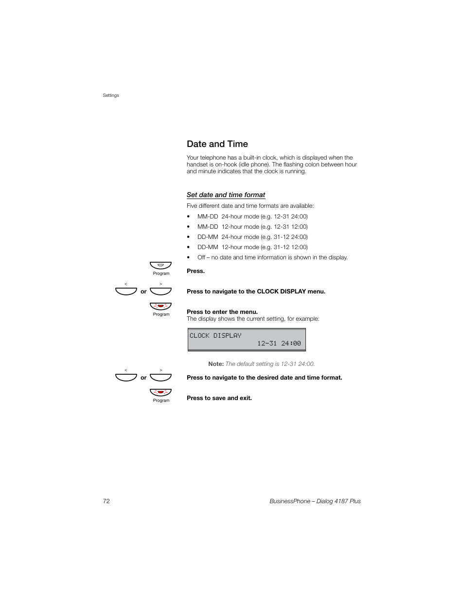 Date and time, Set date and time format | AASTRA 4187 Plus for BusinessPhone User Guide EN User Manual | Page 72 / 104
