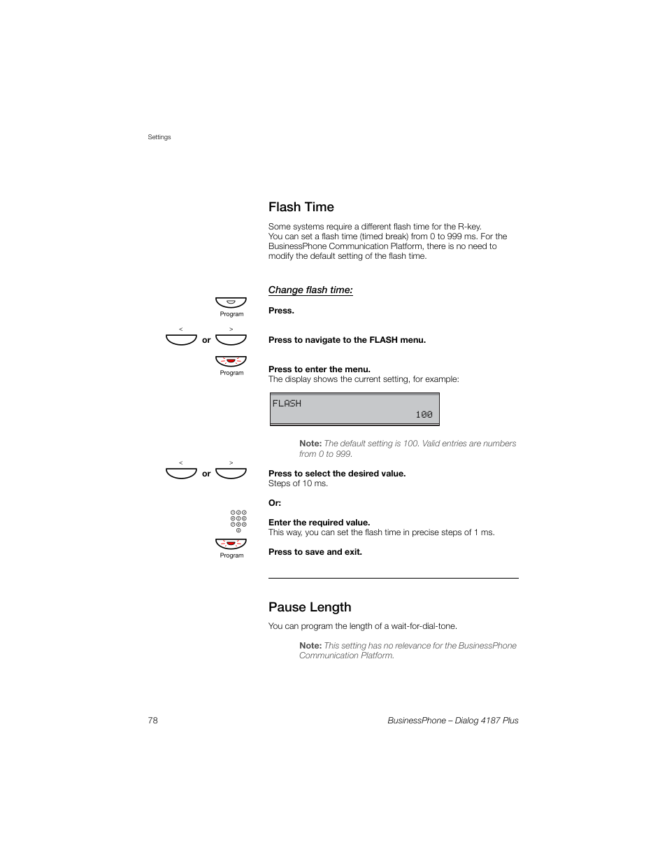 Flash time, Change flash time, Pause length | AASTRA 4187 Plus for BusinessPhone User Guide EN User Manual | Page 78 / 104