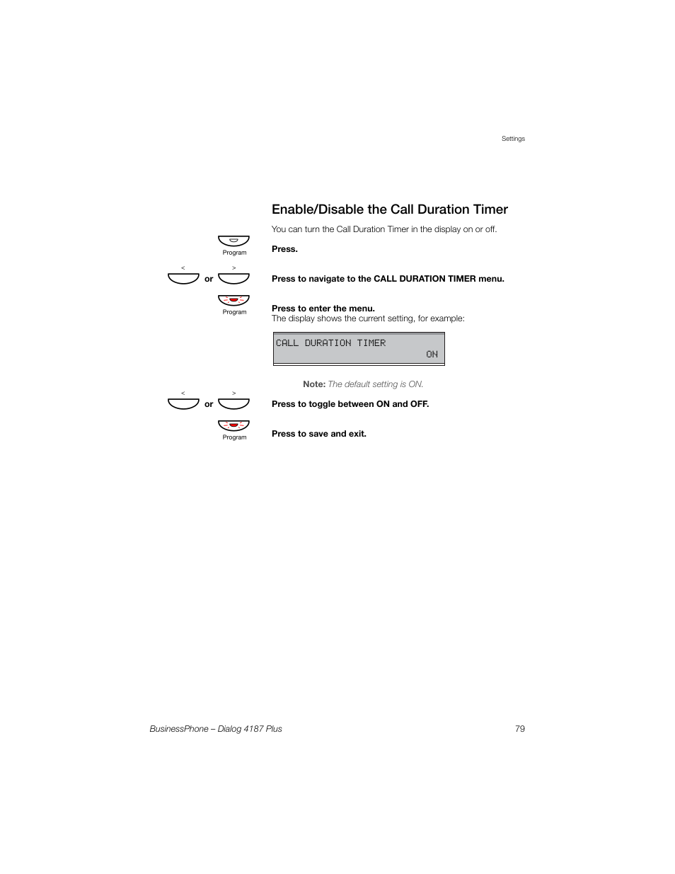 Enable/disable the call duration timer, Ction, Enable/disable the | Call duration timer | AASTRA 4187 Plus for BusinessPhone User Guide EN User Manual | Page 79 / 104