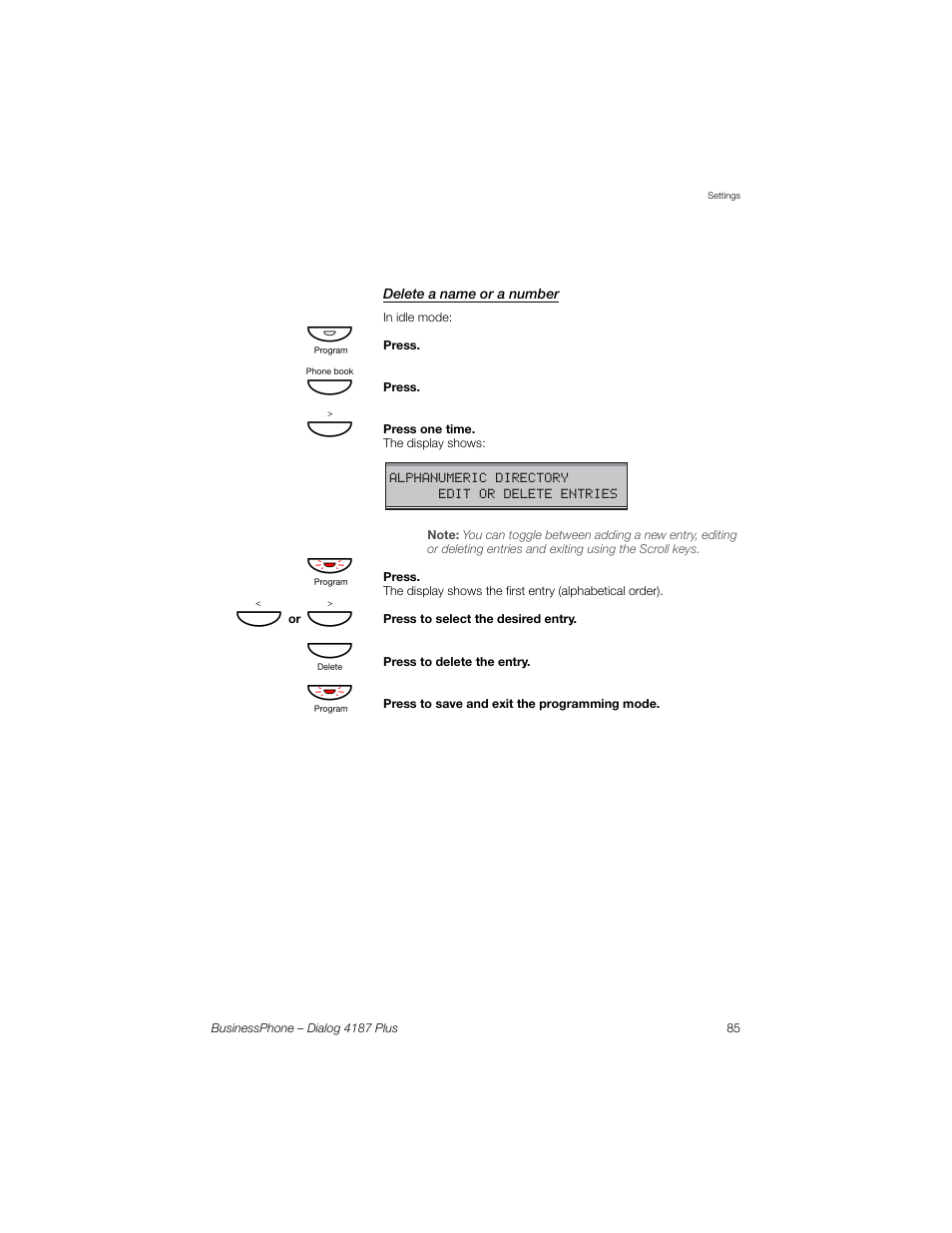 Delete a name or a number | AASTRA 4187 Plus for BusinessPhone User Guide EN User Manual | Page 85 / 104