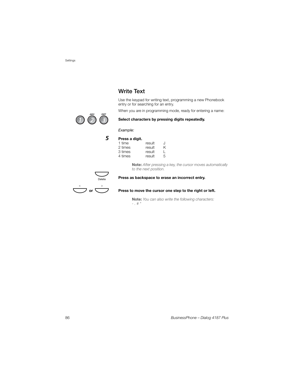 Write text, Ection | AASTRA 4187 Plus for BusinessPhone User Guide EN User Manual | Page 86 / 104