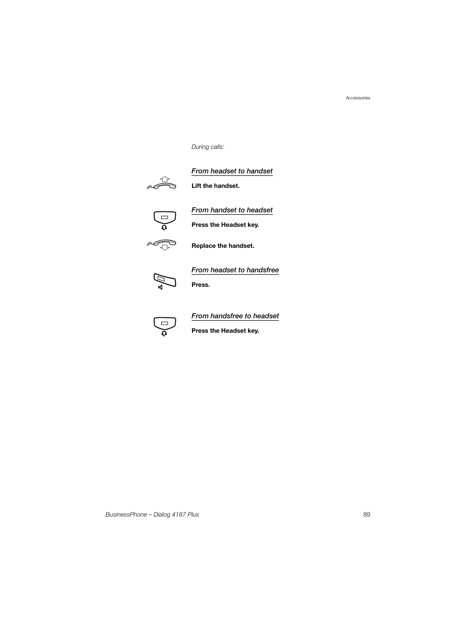 From headset to handset, From handset to headset, From headset to handsfree | From handsfree to headset | AASTRA 4187 Plus for BusinessPhone User Guide EN User Manual | Page 89 / 104