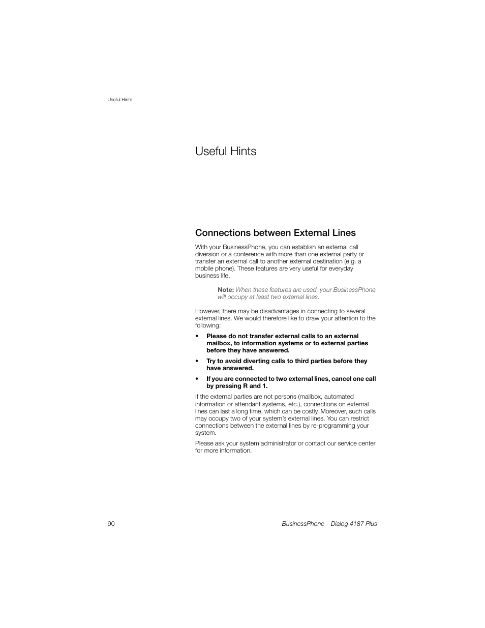 Useful hints, Connections between external lines | AASTRA 4187 Plus for BusinessPhone User Guide EN User Manual | Page 90 / 104