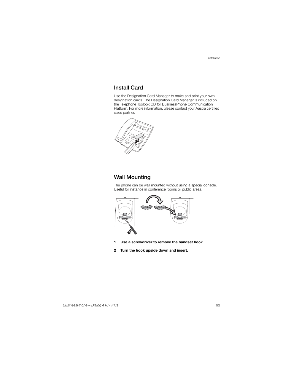 Install card, Wall mounting | AASTRA 4187 Plus for BusinessPhone User Guide EN User Manual | Page 93 / 104