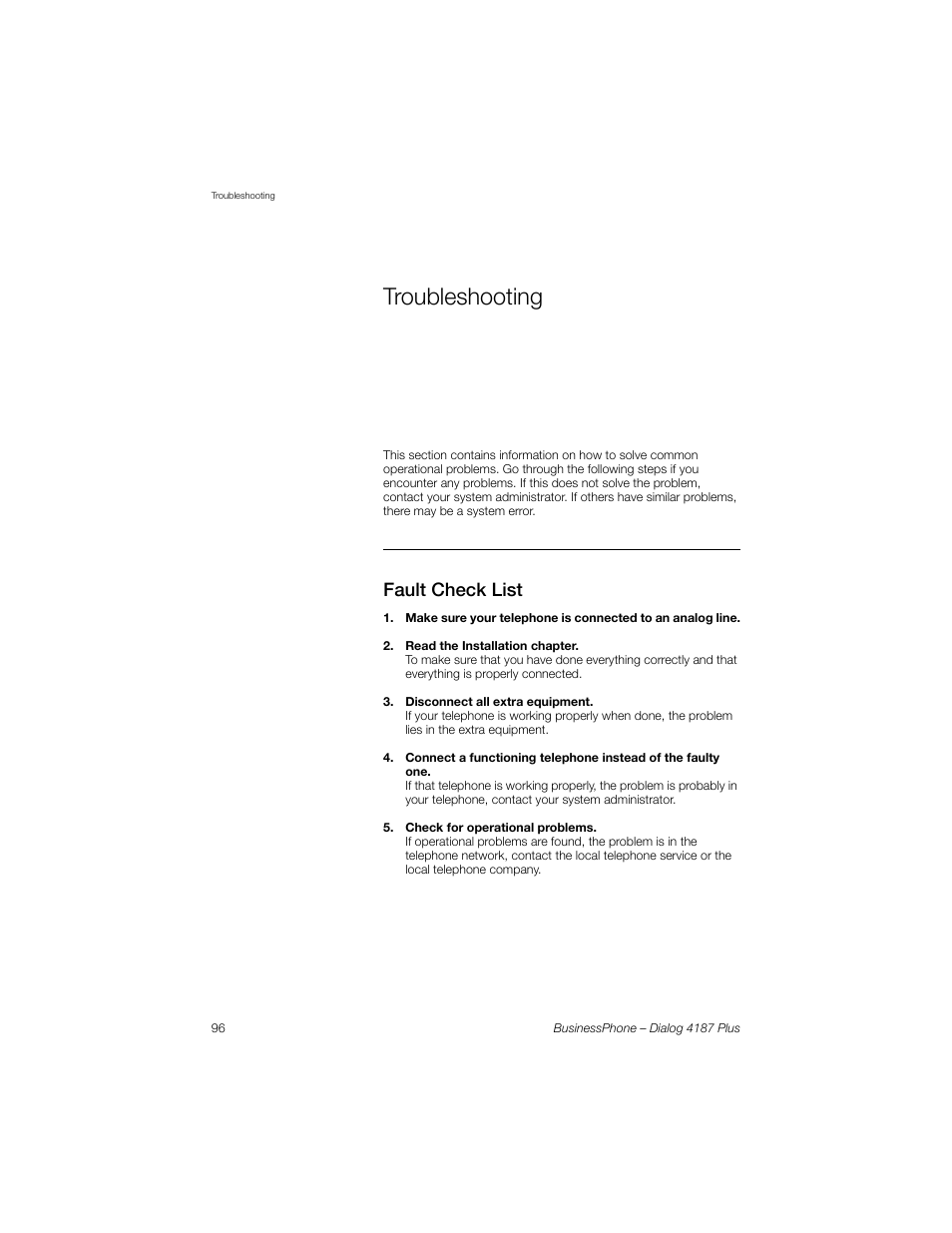 Troubleshooting, Fault check list | AASTRA 4187 Plus for BusinessPhone User Guide EN User Manual | Page 96 / 104