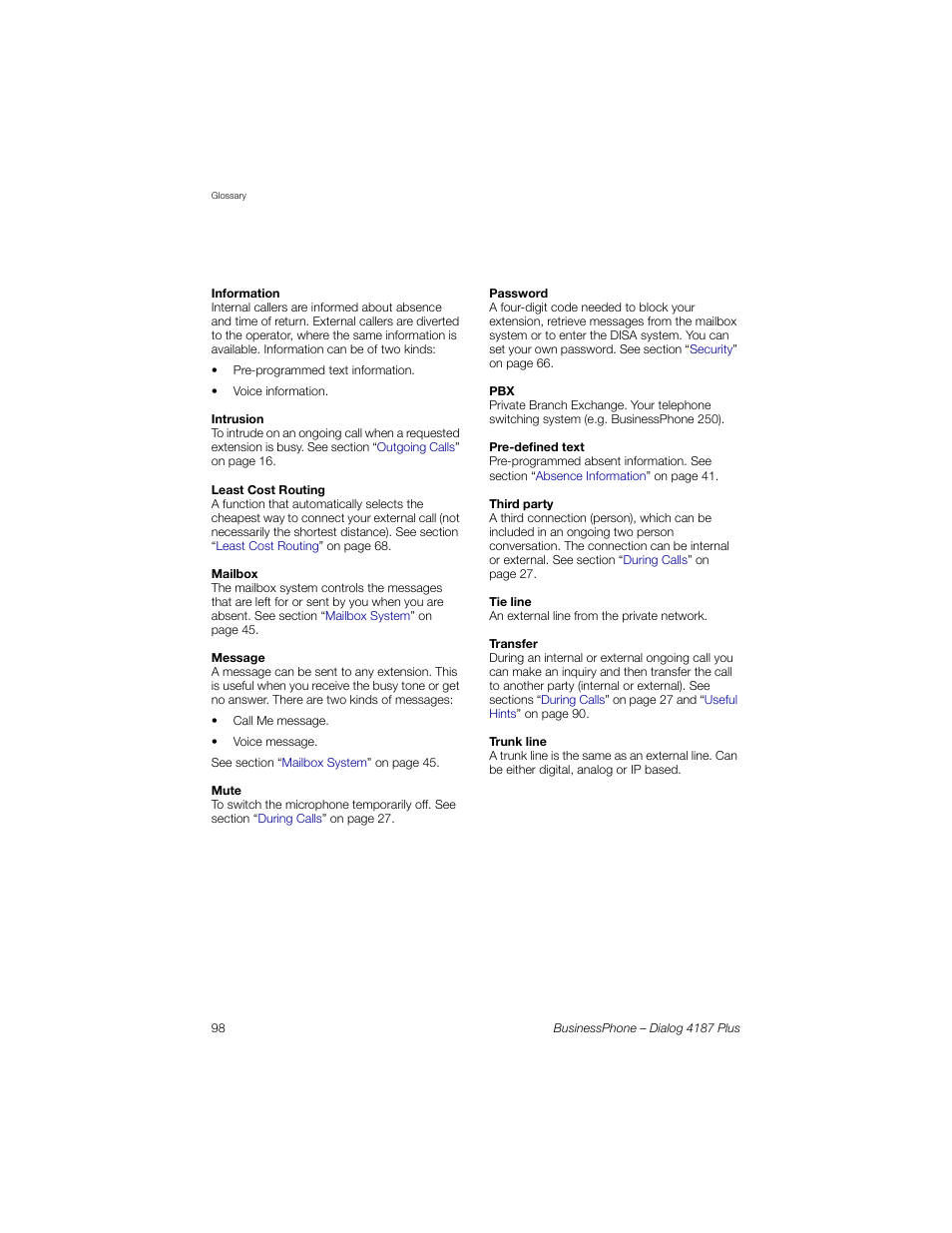 AASTRA 4187 Plus for BusinessPhone User Guide EN User Manual | Page 98 / 104