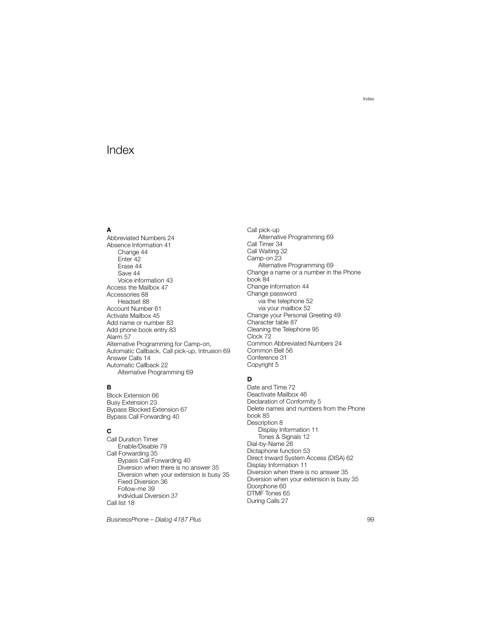 Index | AASTRA 4187 Plus for BusinessPhone User Guide EN User Manual | Page 99 / 104