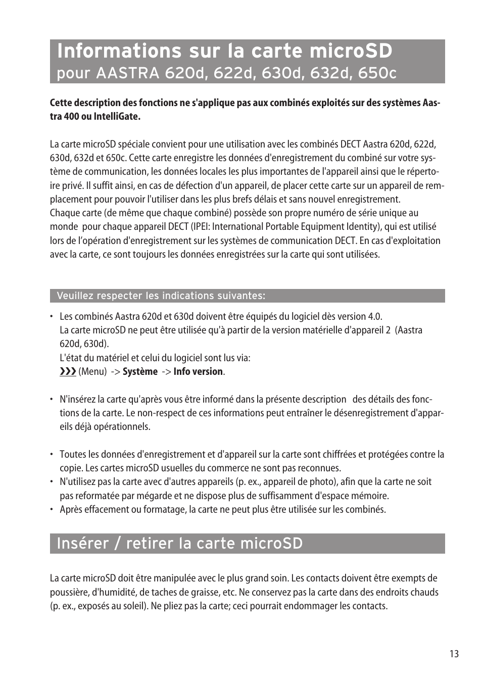 Informations sur la carte microsd, Insérer / retirer la carte microsd | AASTRA microSD-Card User Guide User Manual | Page 15 / 22