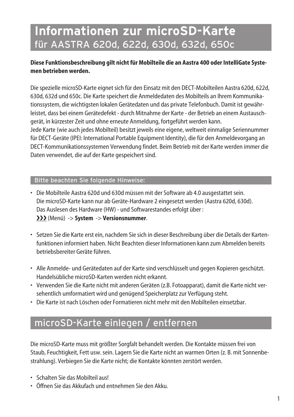 Informationen zur microsd-karte, Microsd-karte einlegen / entfernen | AASTRA microSD-Card User Guide User Manual | Page 3 / 22