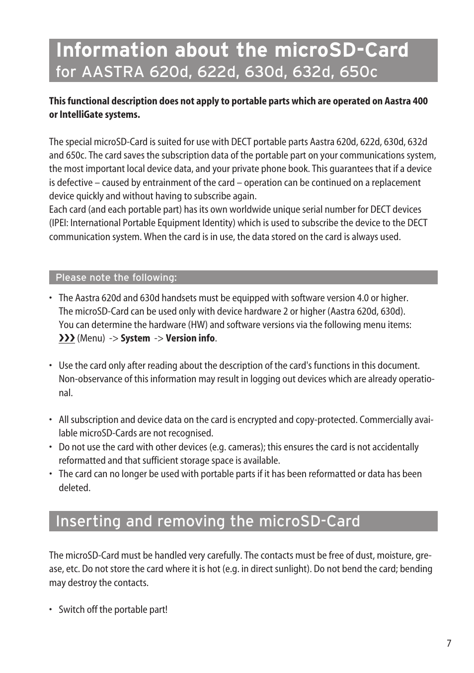 Information about the microsd-card, Inserting and removing the microsd-card | AASTRA microSD-Card User Guide User Manual | Page 9 / 22