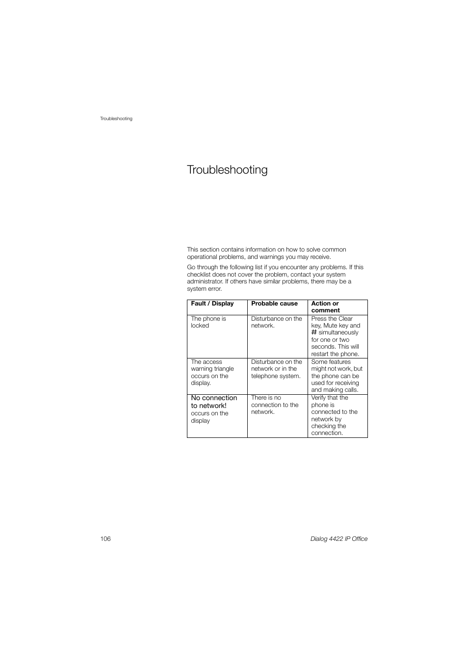 Troubleshooting | AASTRA 4422 IP Office (SIP) for MX-ONE User Guide User Manual | Page 106 / 111