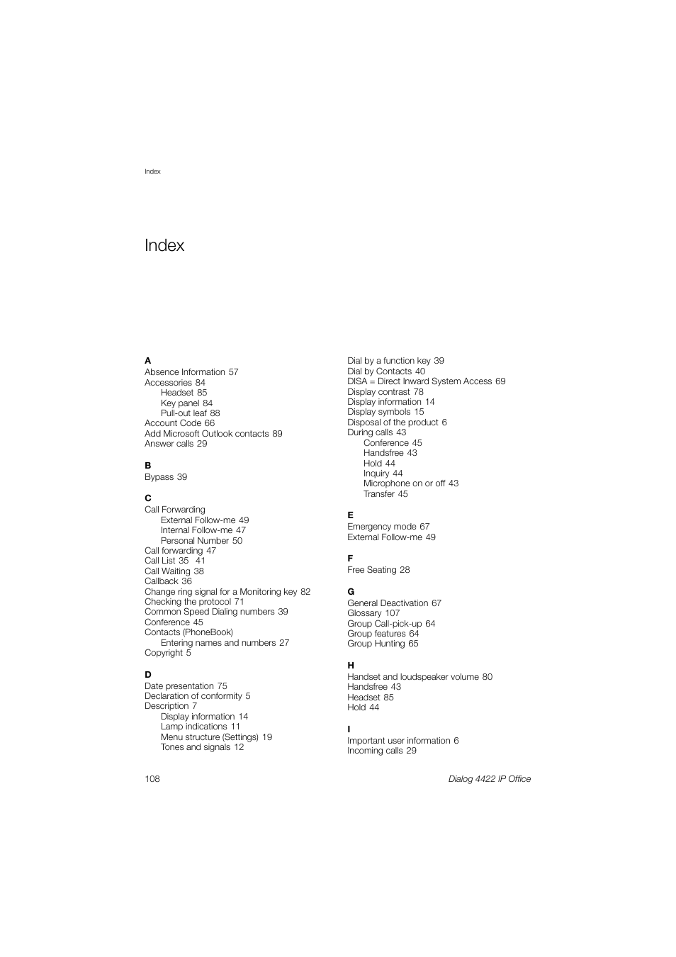 Index | AASTRA 4422 IP Office (SIP) for MX-ONE User Guide User Manual | Page 108 / 111