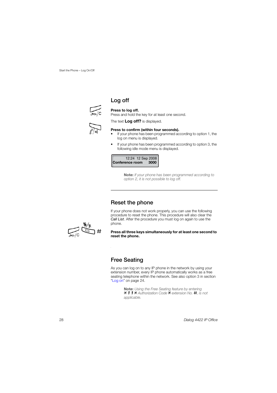 Log off, Reset the phone, Free seating | AASTRA 4422 IP Office (SIP) for MX-ONE User Guide User Manual | Page 28 / 111