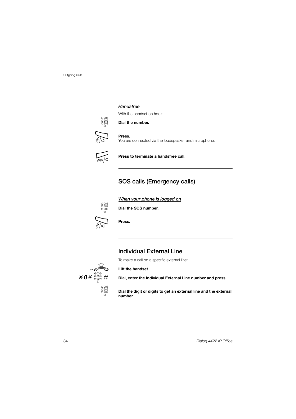 Sos calls (emergency calls), Individual external line, 0* z | AASTRA 4422 IP Office (SIP) for MX-ONE User Guide User Manual | Page 34 / 111