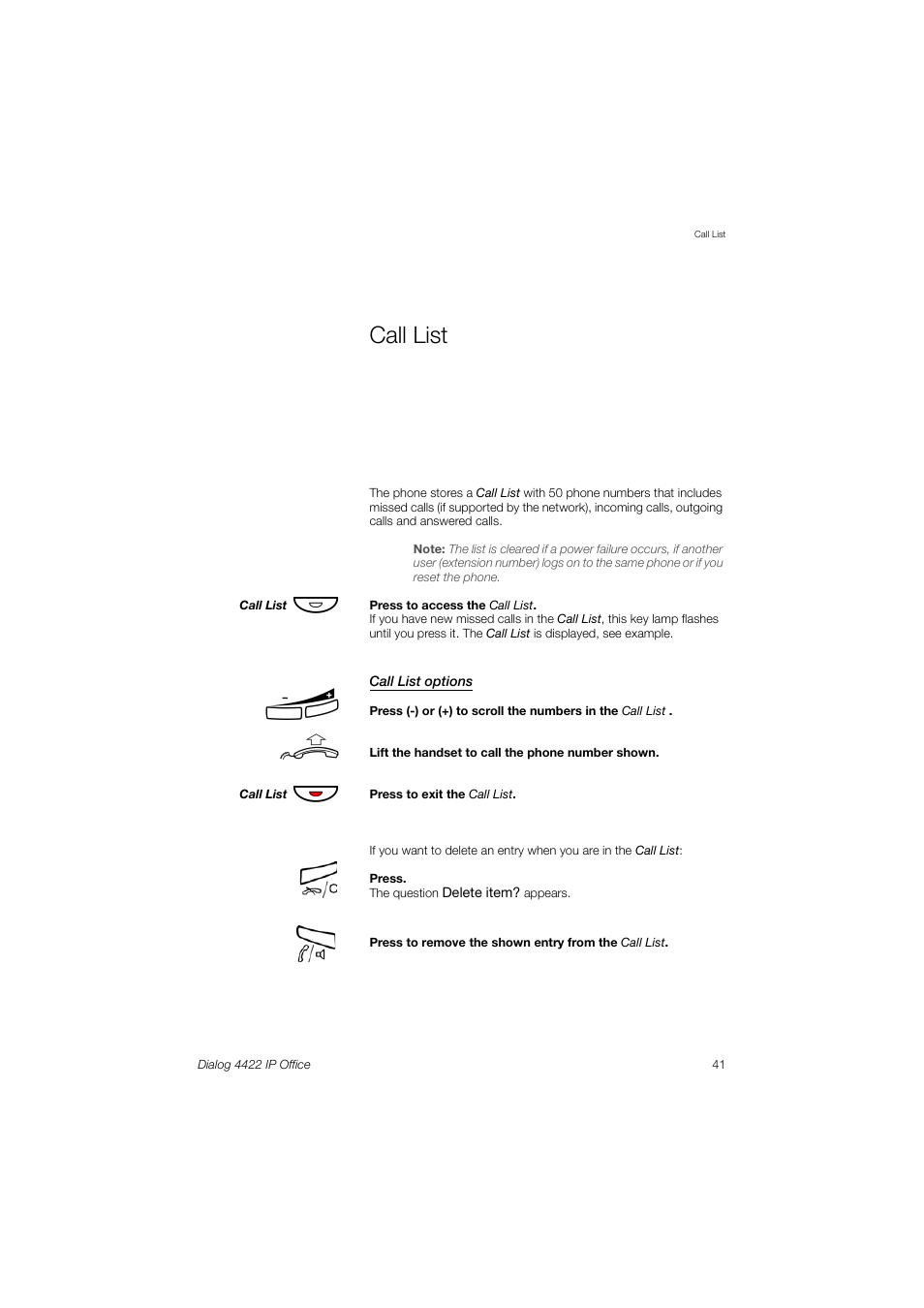 Call list | AASTRA 4422 IP Office (SIP) for MX-ONE User Guide User Manual | Page 41 / 111