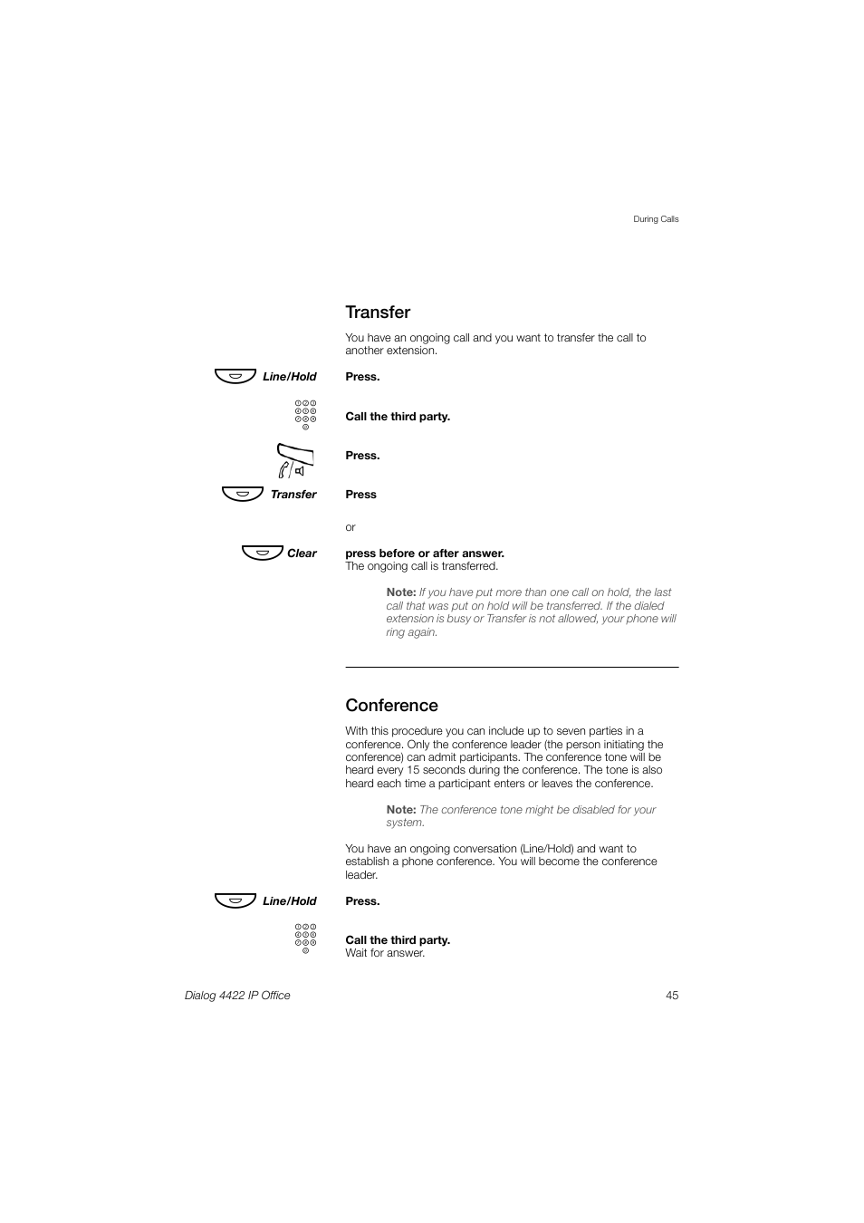 Transfer, Conference | AASTRA 4422 IP Office (SIP) for MX-ONE User Guide User Manual | Page 45 / 111