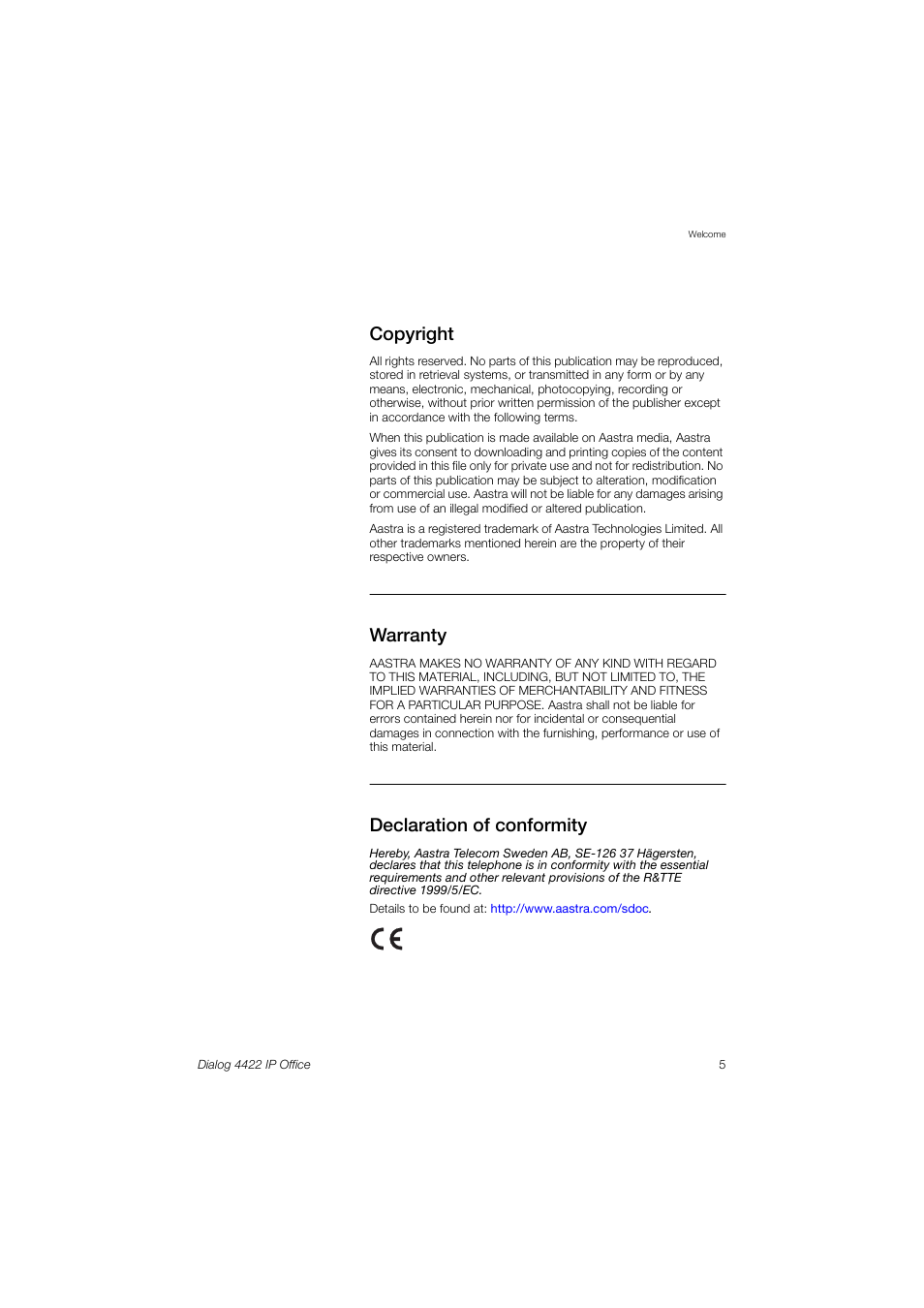 Copyright, Warranty, Declaration of conformity | AASTRA 4422 IP Office (SIP) for MX-ONE User Guide User Manual | Page 5 / 111
