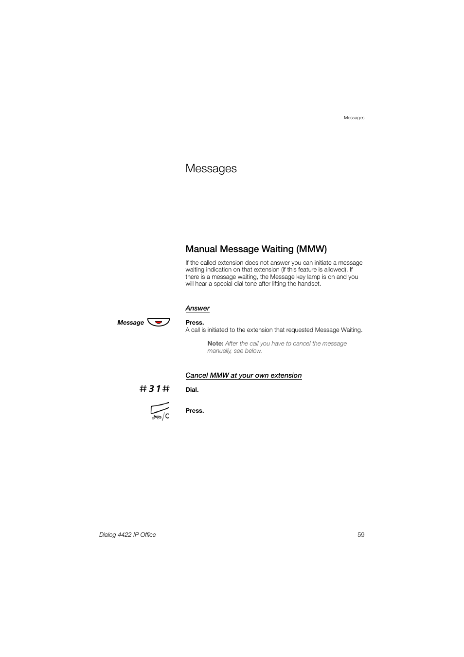 Messages, Manual message waiting (mmw), Ection | AASTRA 4422 IP Office (SIP) for MX-ONE User Guide User Manual | Page 59 / 111