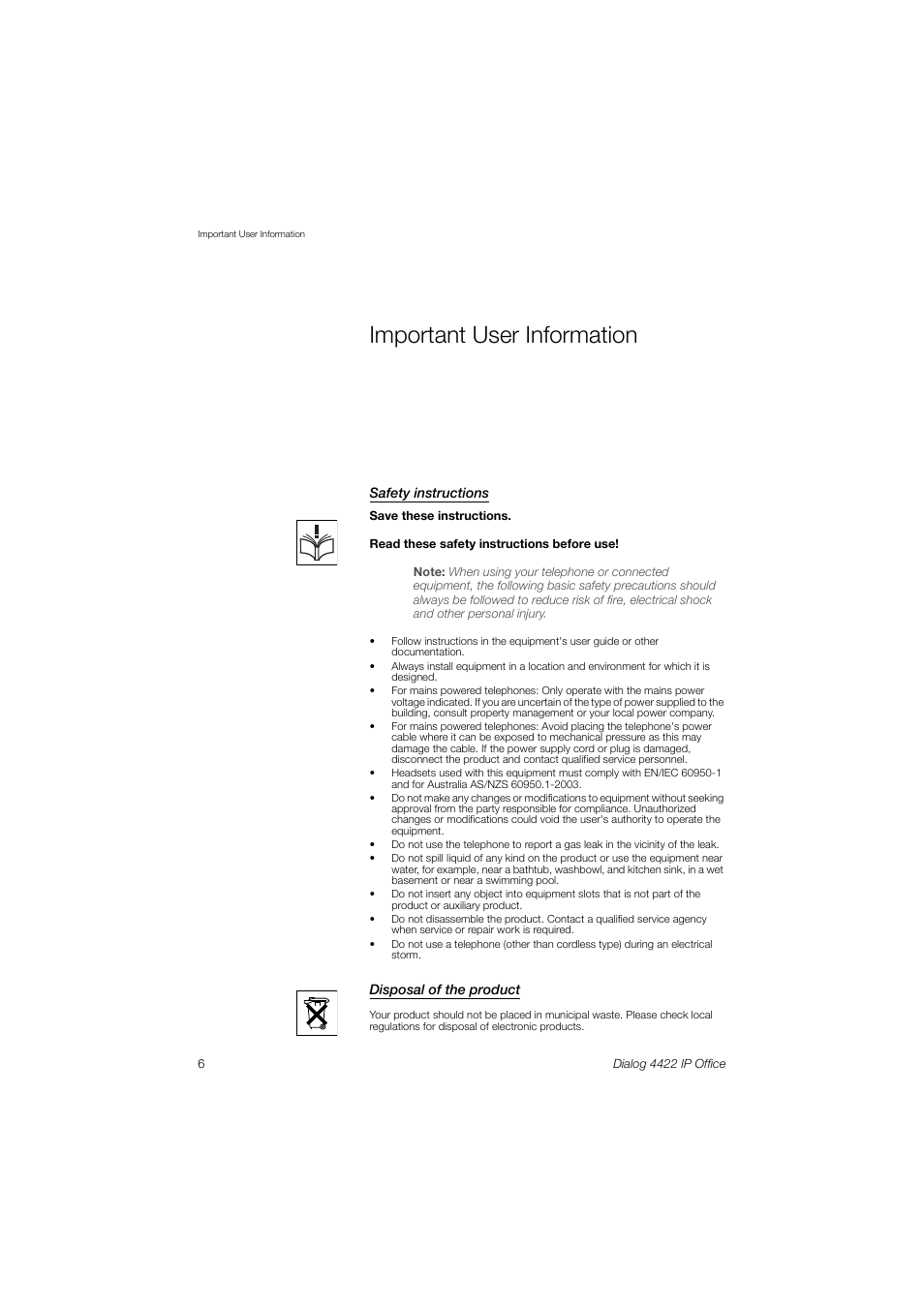 Important user information | AASTRA 4422 IP Office (SIP) for MX-ONE User Guide User Manual | Page 6 / 111