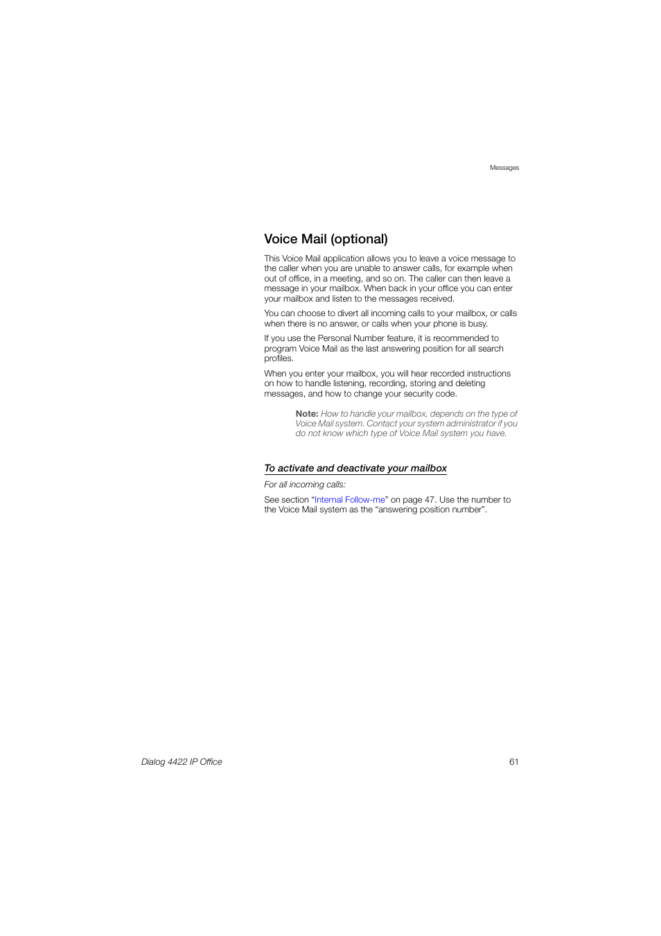 Voice mail (optional) | AASTRA 4422 IP Office (SIP) for MX-ONE User Guide User Manual | Page 61 / 111