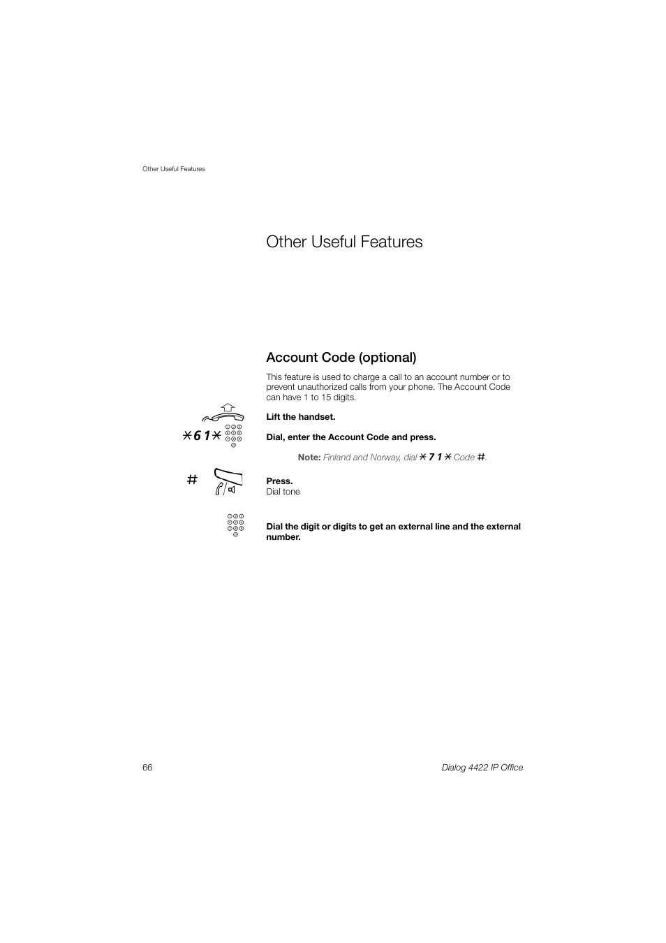 Other useful features, Account code (optional), 61* z | AASTRA 4422 IP Office (SIP) for MX-ONE User Guide User Manual | Page 66 / 111