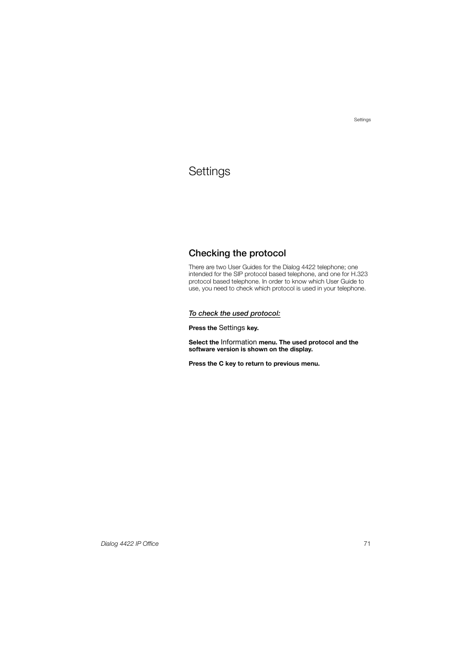 Settings, Checking the protocol, Sections | AASTRA 4422 IP Office (SIP) for MX-ONE User Guide User Manual | Page 71 / 111