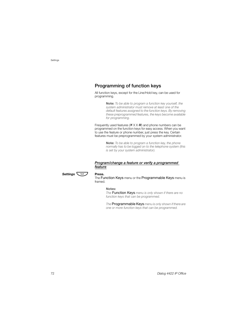 Programming of function keys, E section, Programming of | Function keys, Section | AASTRA 4422 IP Office (SIP) for MX-ONE User Guide User Manual | Page 72 / 111