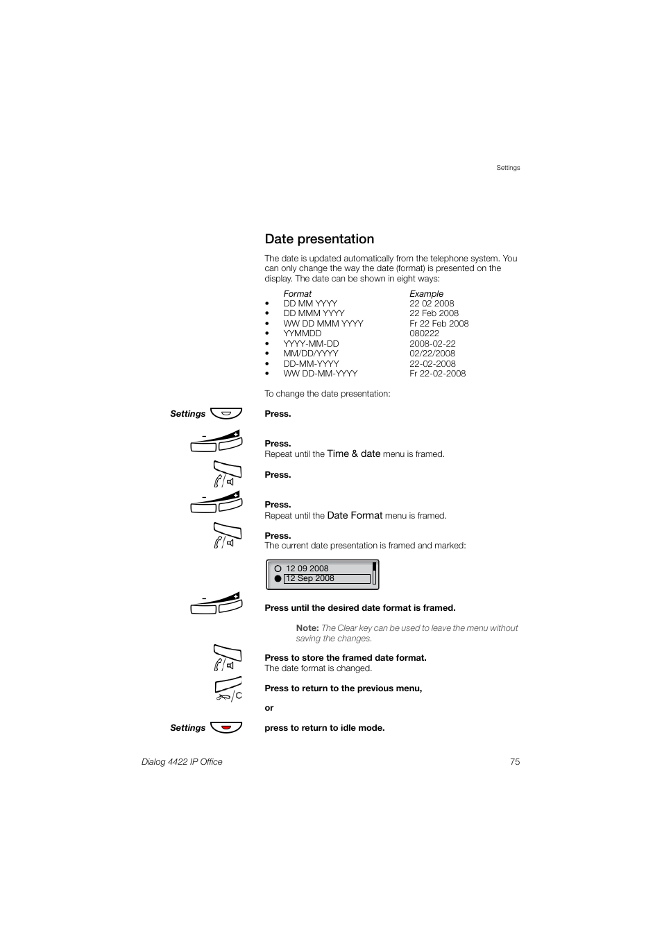 Date presentation | AASTRA 4422 IP Office (SIP) for MX-ONE User Guide User Manual | Page 75 / 111