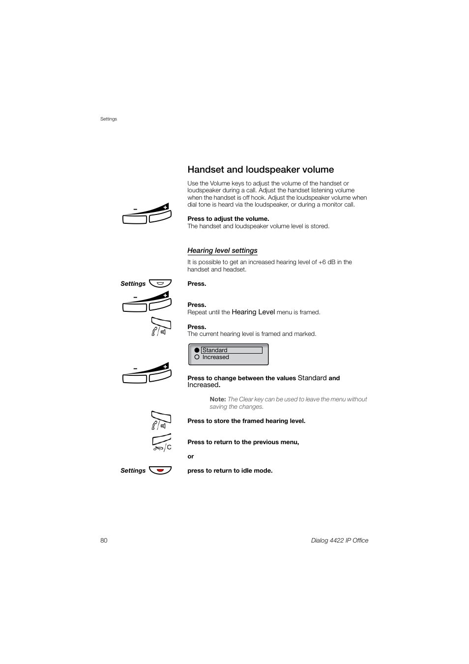 Handset and loudspeaker volume | AASTRA 4422 IP Office (SIP) for MX-ONE User Guide User Manual | Page 80 / 111