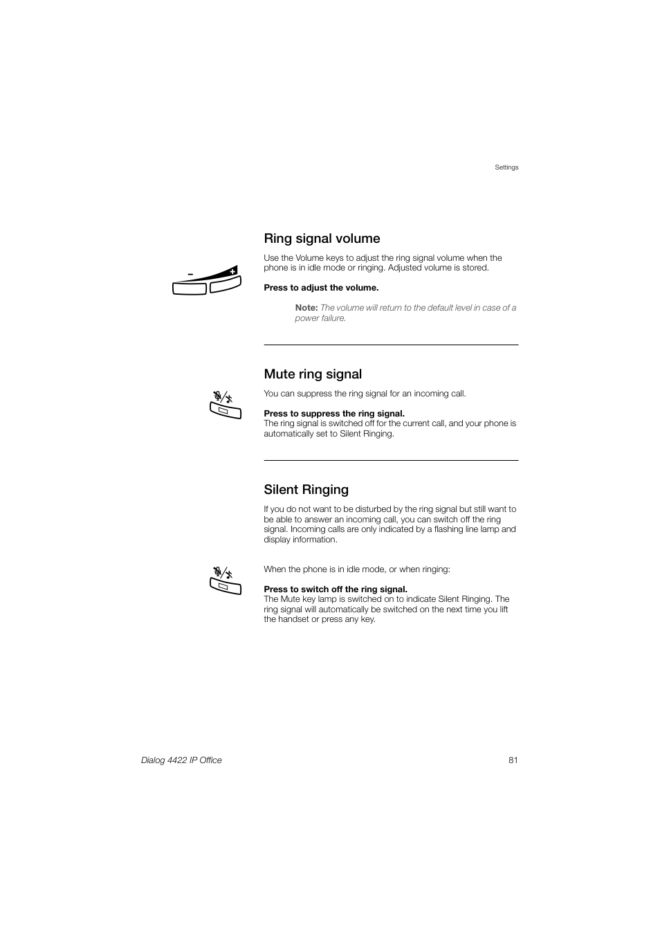 Ring signal volume, Mute ring signal, Silent ringing | Ions | AASTRA 4422 IP Office (SIP) for MX-ONE User Guide User Manual | Page 81 / 111