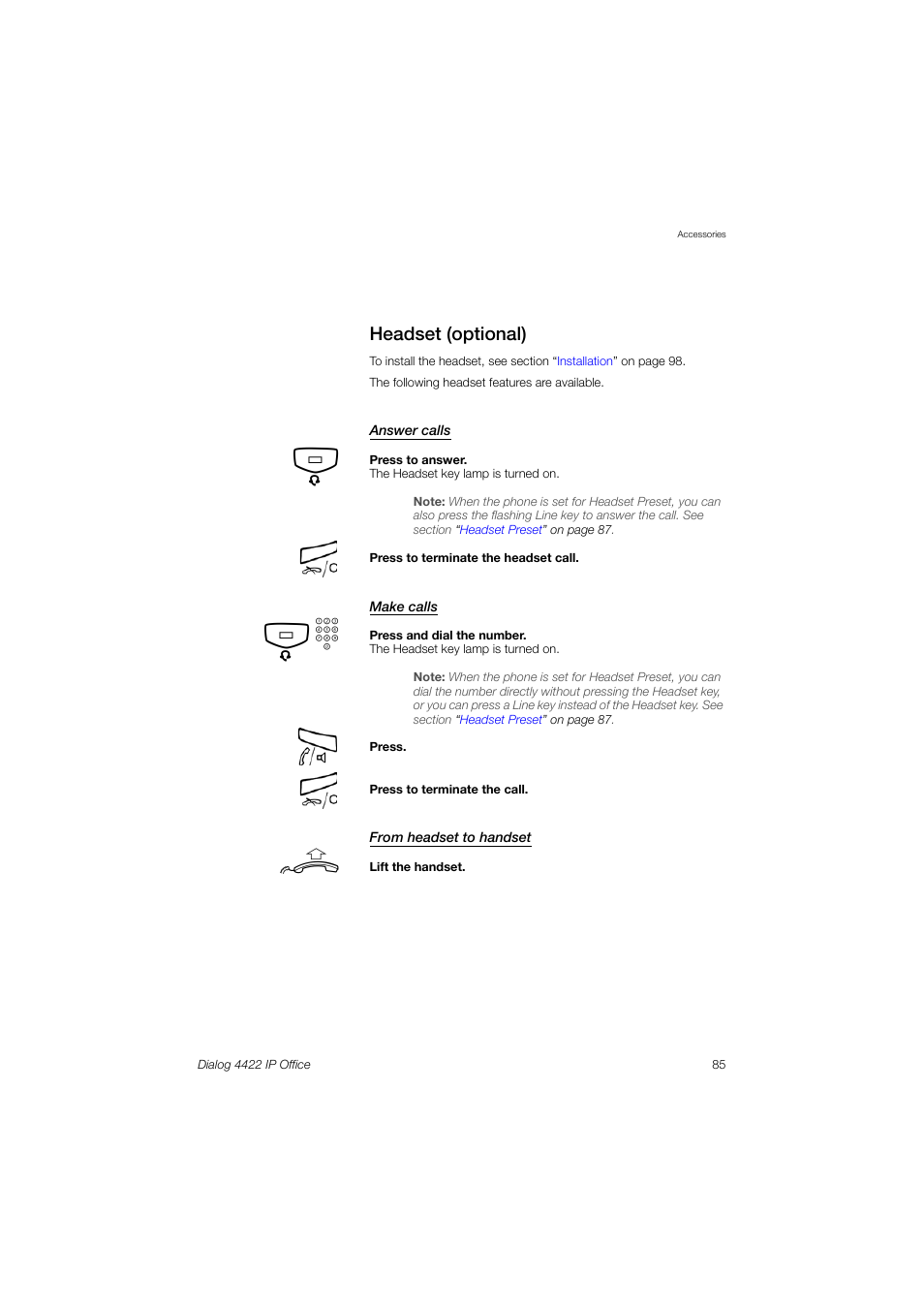 Headset (optional) | AASTRA 4422 IP Office (SIP) for MX-ONE User Guide User Manual | Page 85 / 111