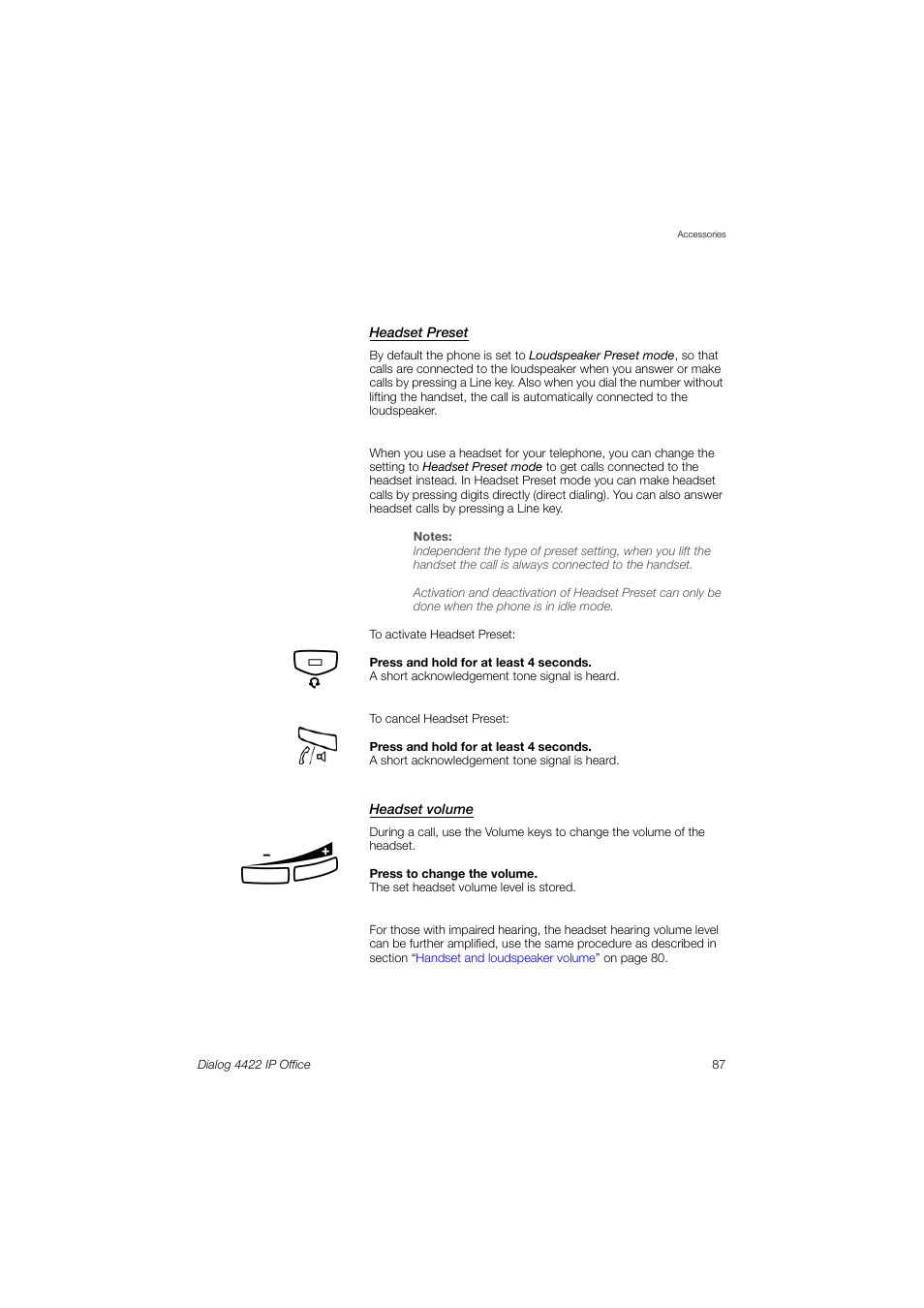 Ection, Headset preset, Ction | AASTRA 4422 IP Office (SIP) for MX-ONE User Guide User Manual | Page 87 / 111