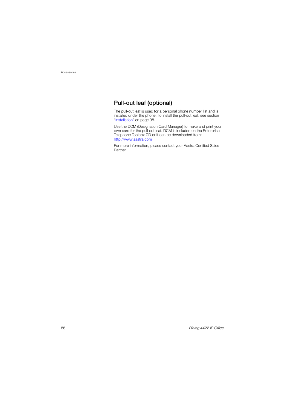 Pull-out leaf (optional) | AASTRA 4422 IP Office (SIP) for MX-ONE User Guide User Manual | Page 88 / 111