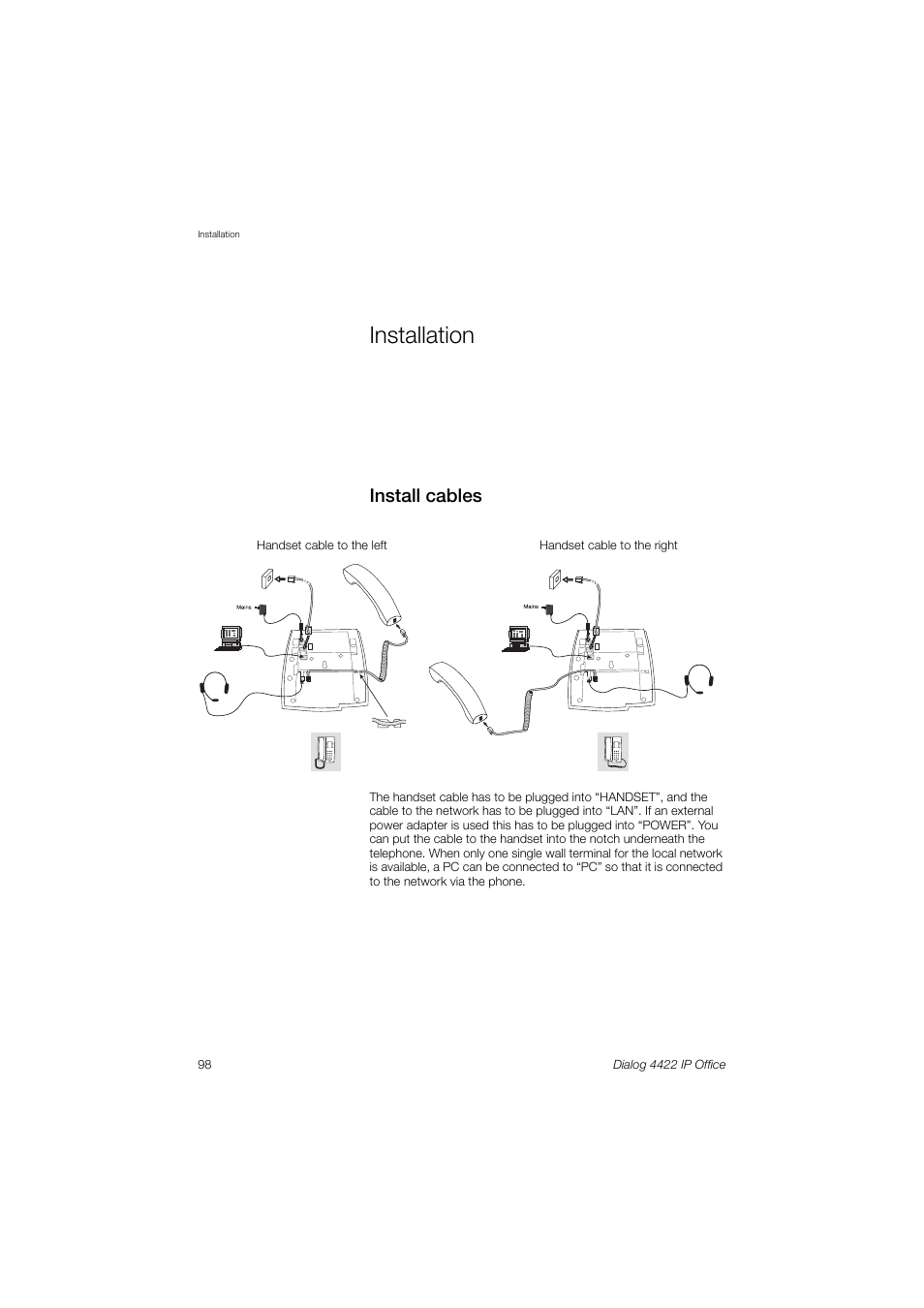 Installation, Install cables, Ection | AASTRA 4422 IP Office (SIP) for MX-ONE User Guide User Manual | Page 98 / 111
