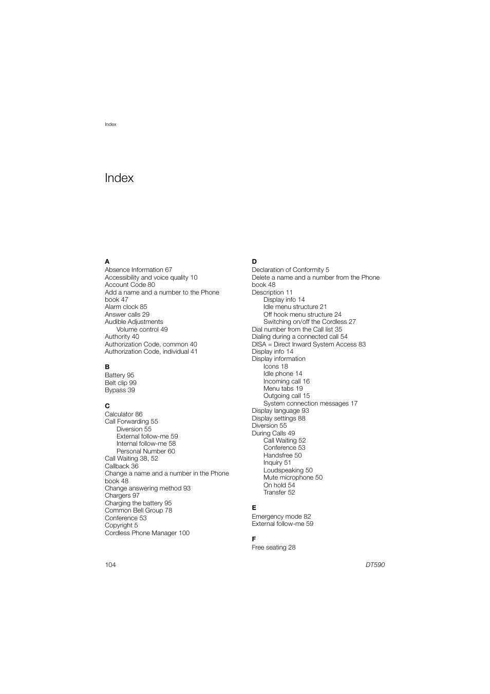 Index | AASTRA DT590 for MX-ONE User Guide EN User Manual | Page 104 / 107