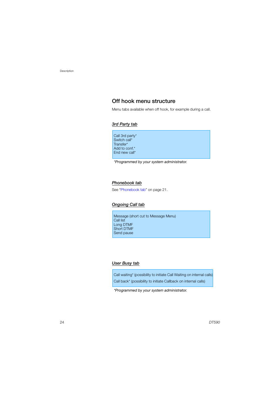 Off hook menu structure | AASTRA DT590 for MX-ONE User Guide EN User Manual | Page 24 / 107