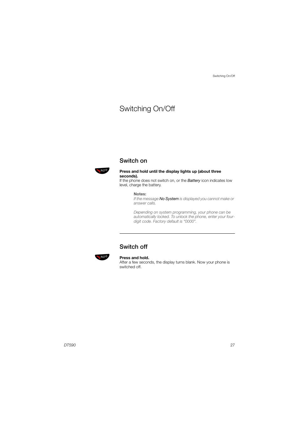 Switching on/off, Switch on, Switch off | AASTRA DT590 for MX-ONE User Guide EN User Manual | Page 27 / 107