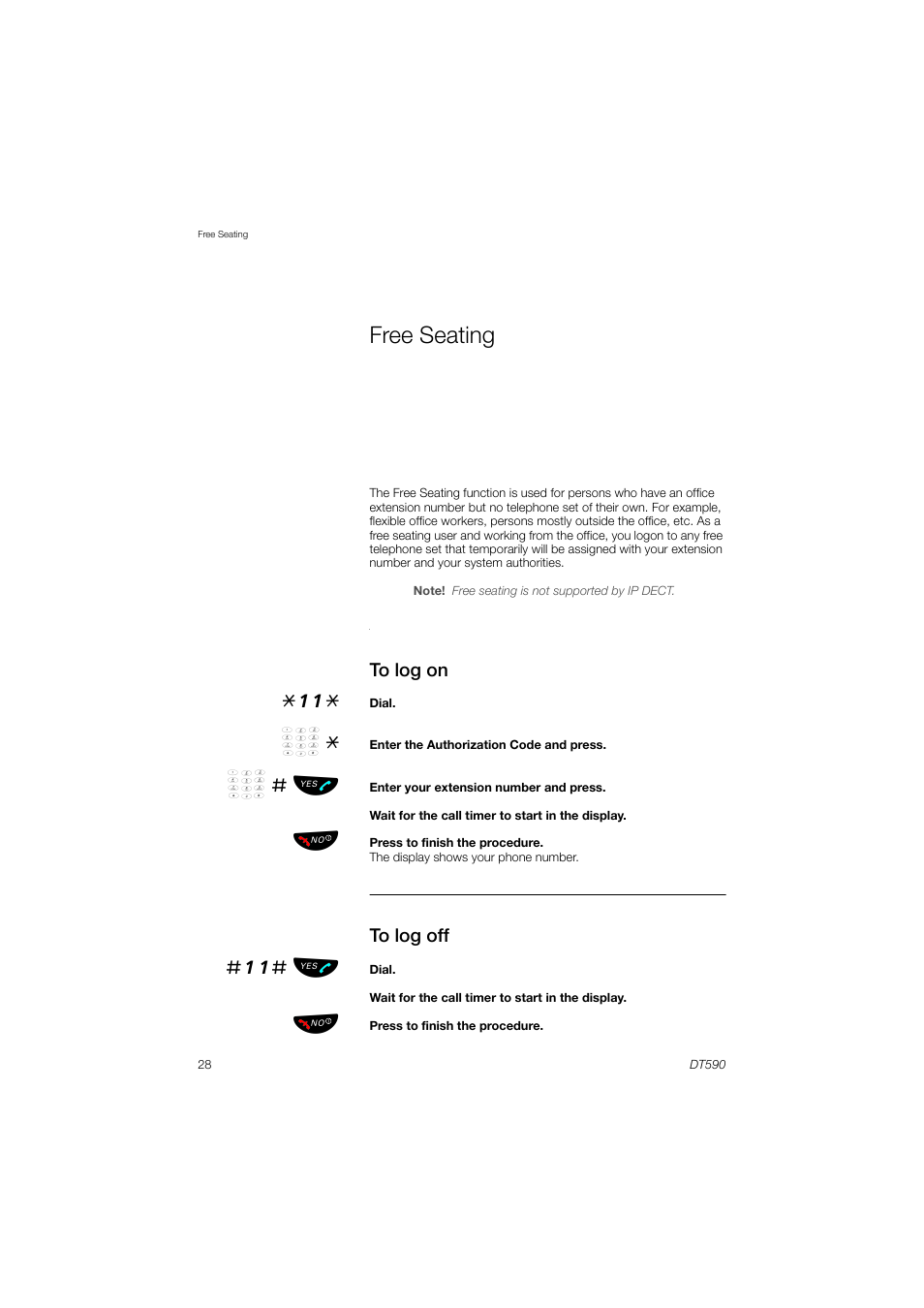 Free seating, To log on, To log off | 11# ь ы | AASTRA DT590 for MX-ONE User Guide EN User Manual | Page 28 / 107