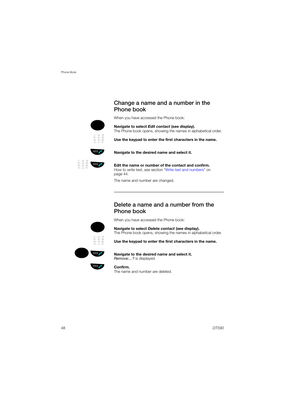 Change a name and a number in the phone book, Delete a name and a number from the phone book, ºь ы | AASTRA DT590 for MX-ONE User Guide EN User Manual | Page 48 / 107