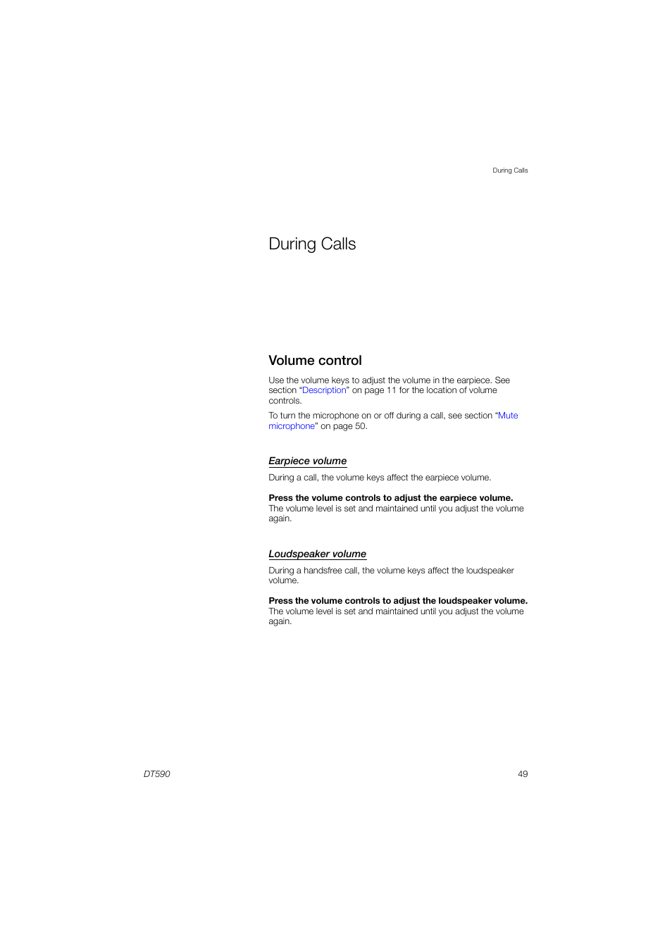 During calls, Volume control, Volume | Control, Section | AASTRA DT590 for MX-ONE User Guide EN User Manual | Page 49 / 107