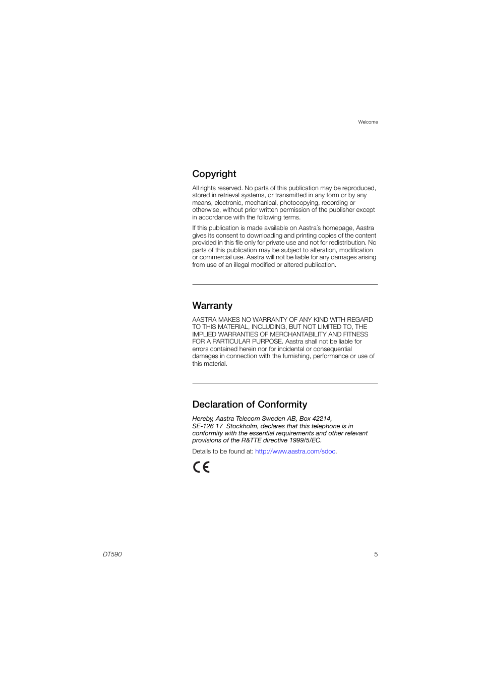 Copyright, Warranty, Declaration of conformity | AASTRA DT590 for MX-ONE User Guide EN User Manual | Page 5 / 107